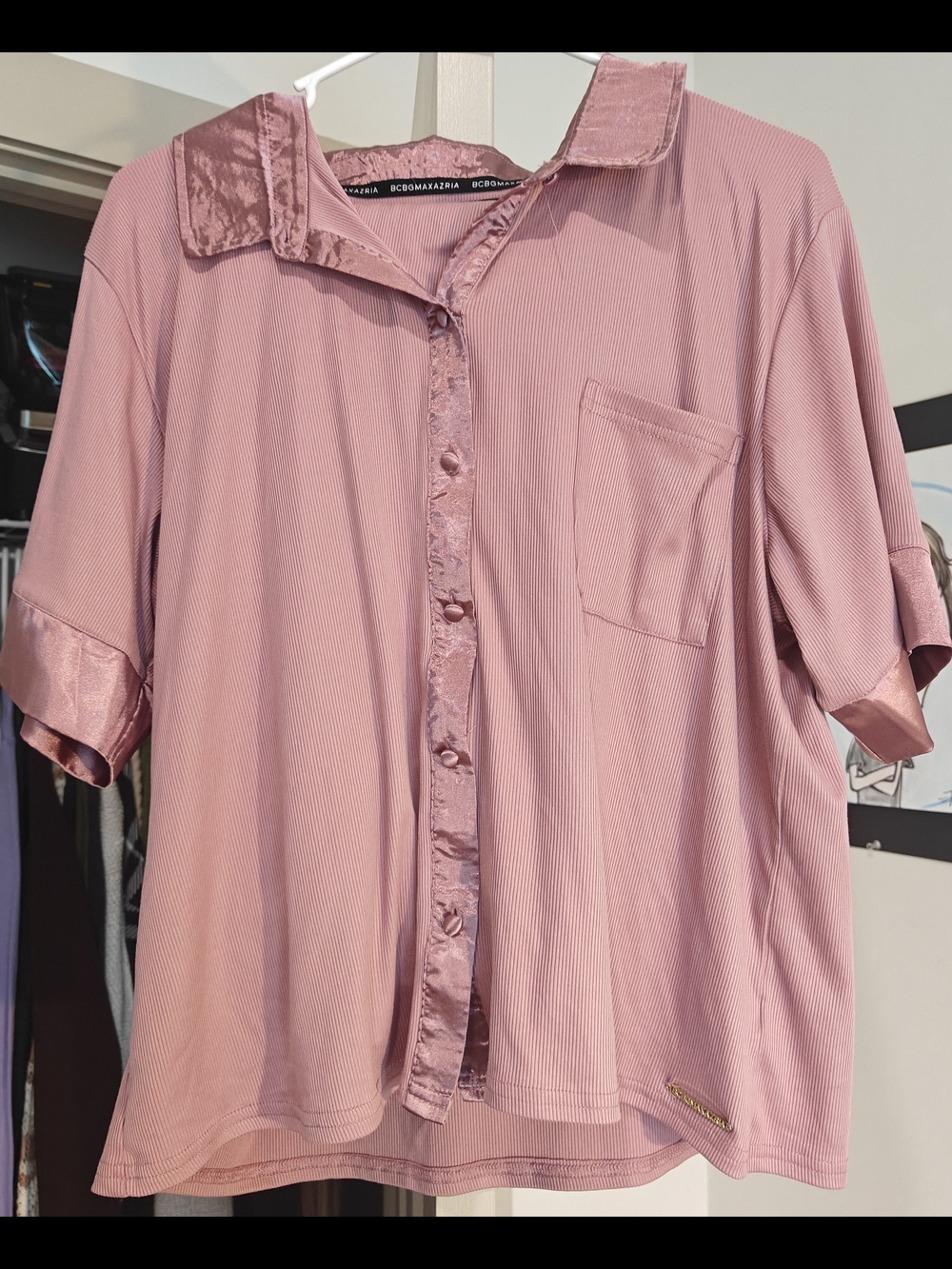 BCBGMAXAZRIA Rose Pink Satin-Trim Button Front Pajama Top And Bottoms
